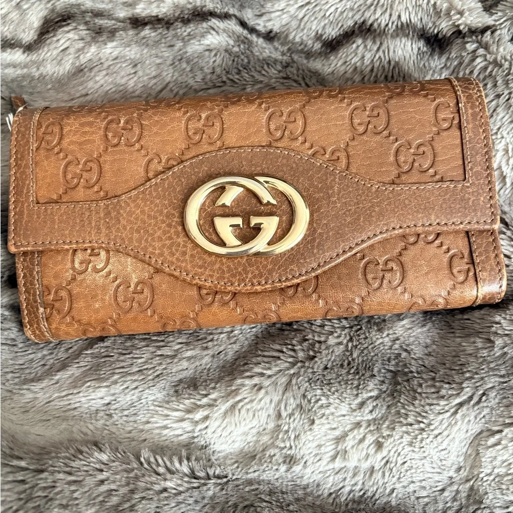 Gucci Tan/Brown GG-Embossed Leather Continental Wallet with Gold Logo - Picture 1 of 9